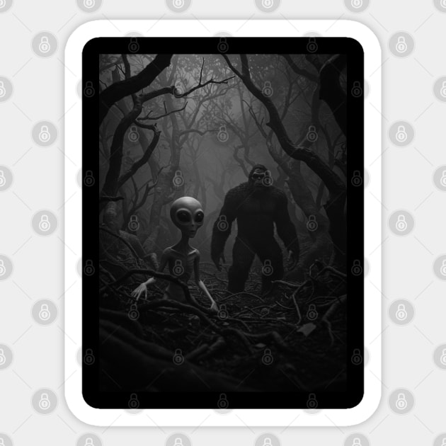 Alien and Bigfoot in an Creepy Forest-2 Sticker by Megadorim